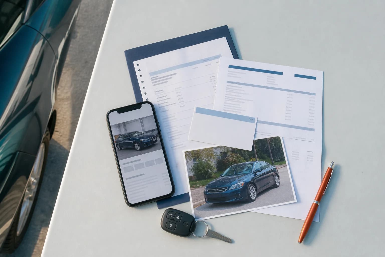 A phone, vehicle listing, and paperwork gathered before asking for help