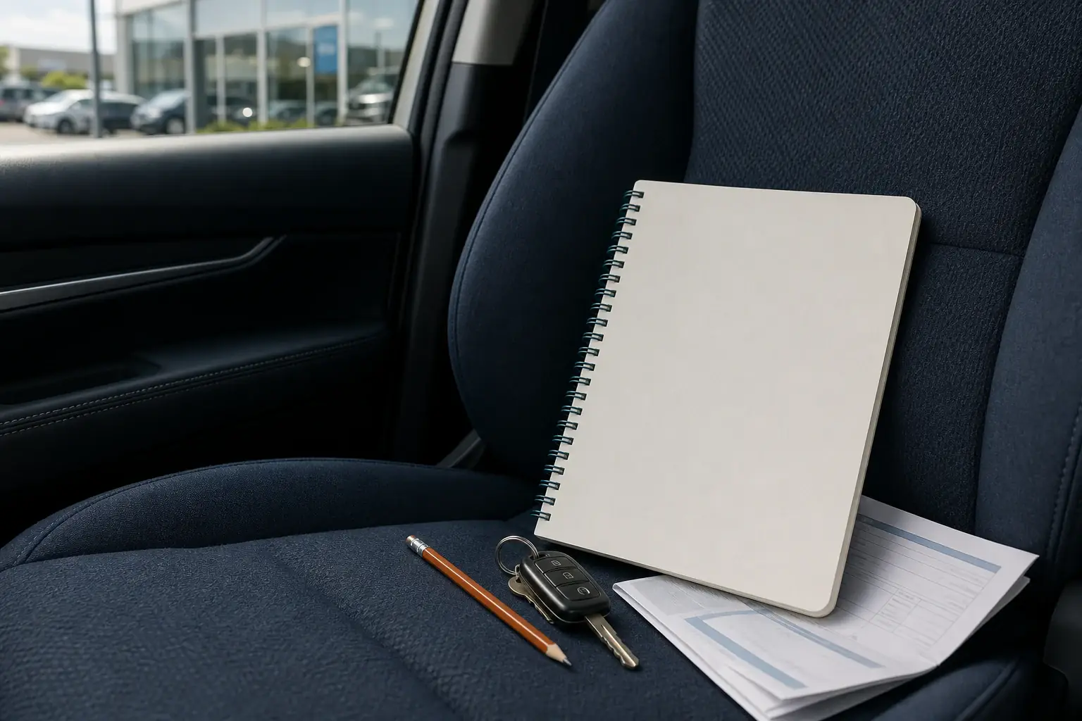 A field guide, vehicle keys, and paperwork ready before a dealership visit