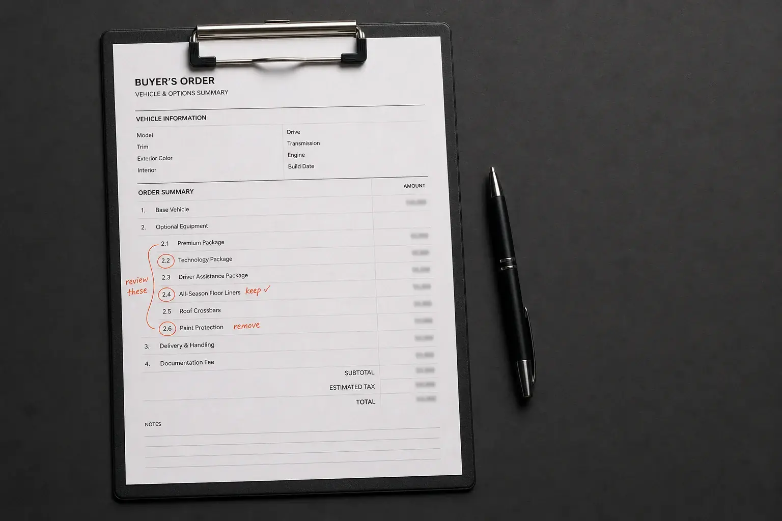 A buyer's order marked for review beside a pen