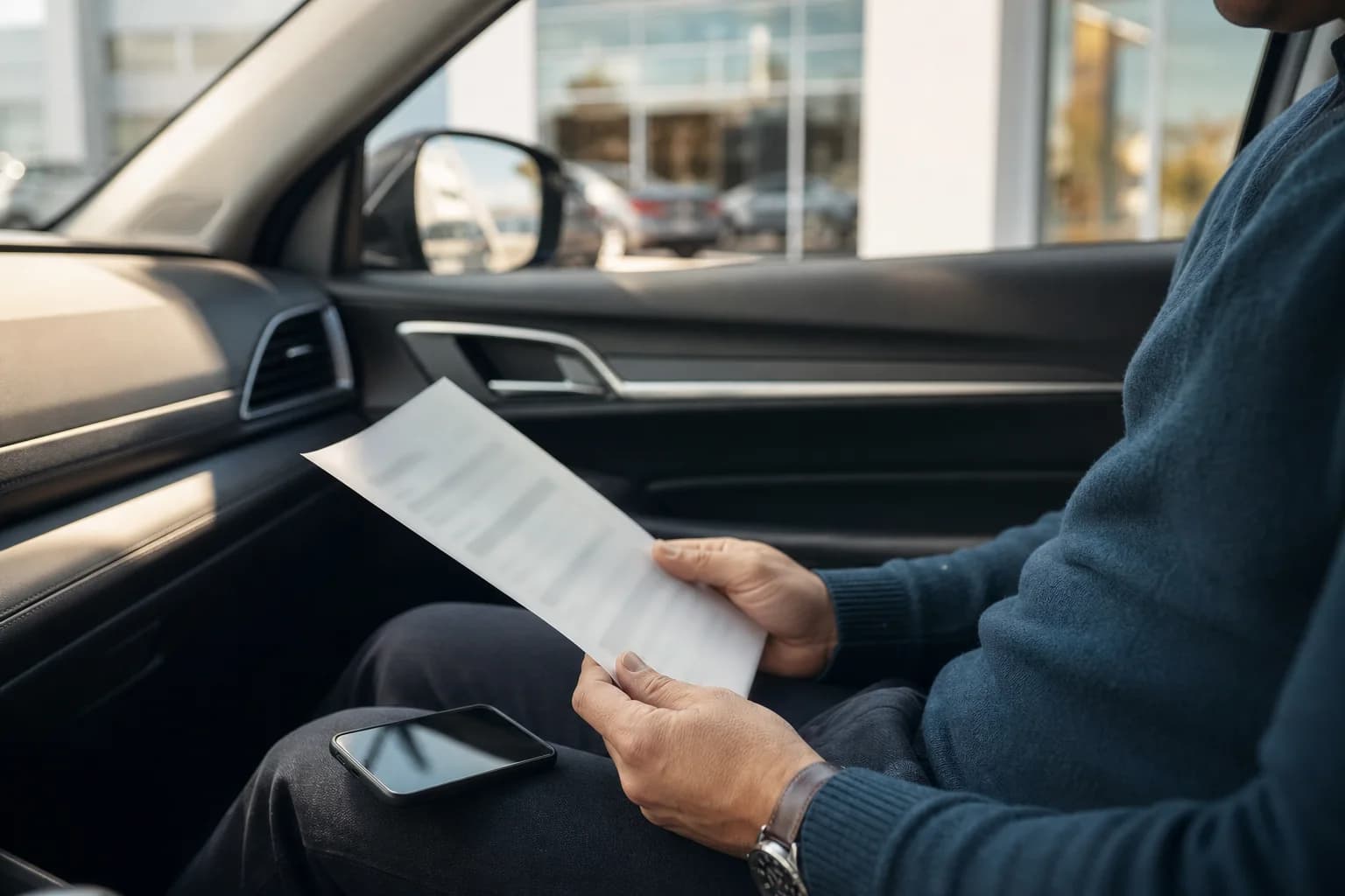 A buyer reviewing vehicle paperwork in the passenger seat before making a decision