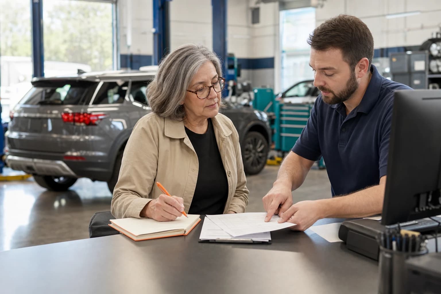 Vehicle owner reviewing a written service estimate with a technician
