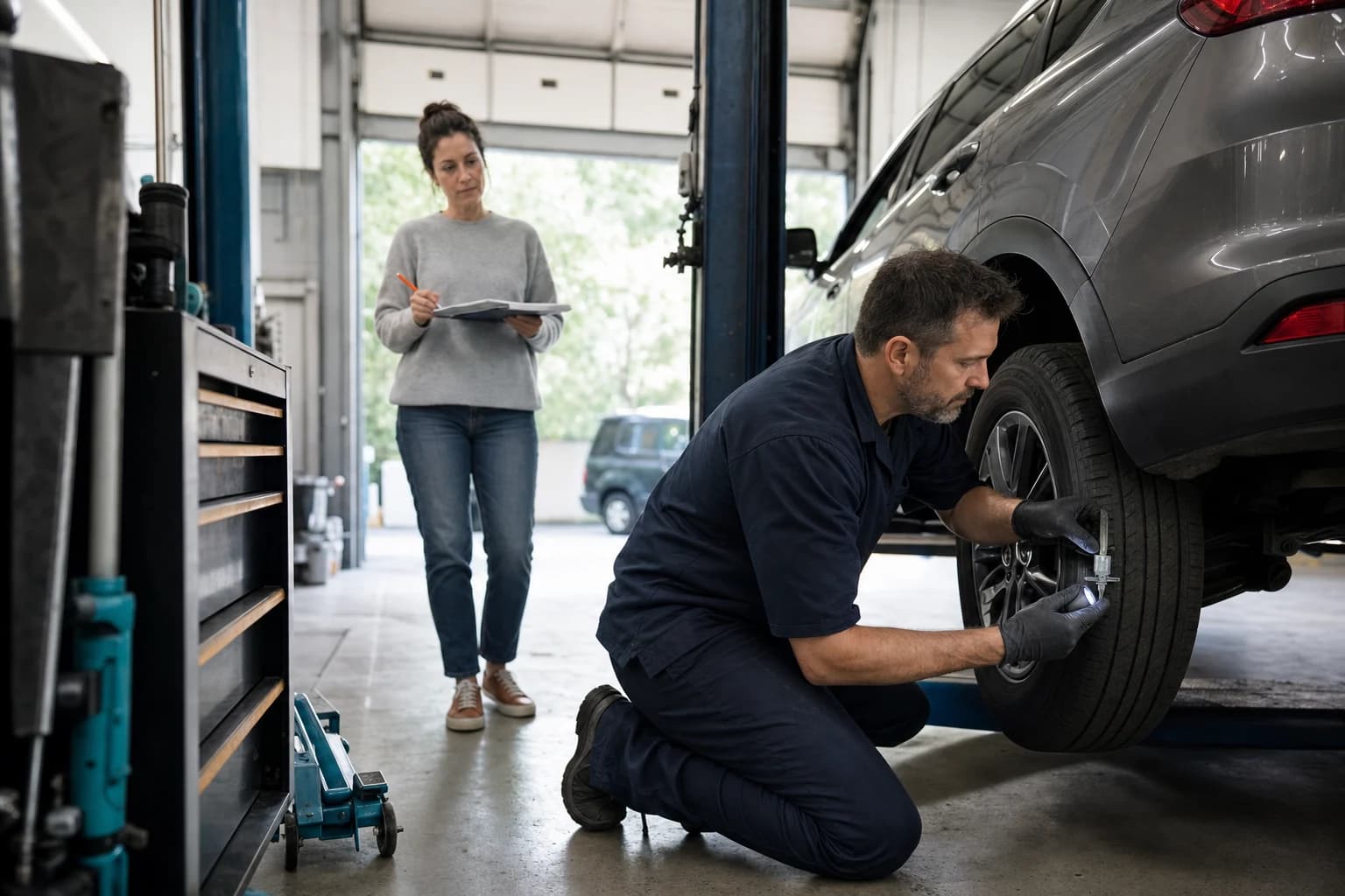 Independent technician inspecting a used vehicle while the buyer observes